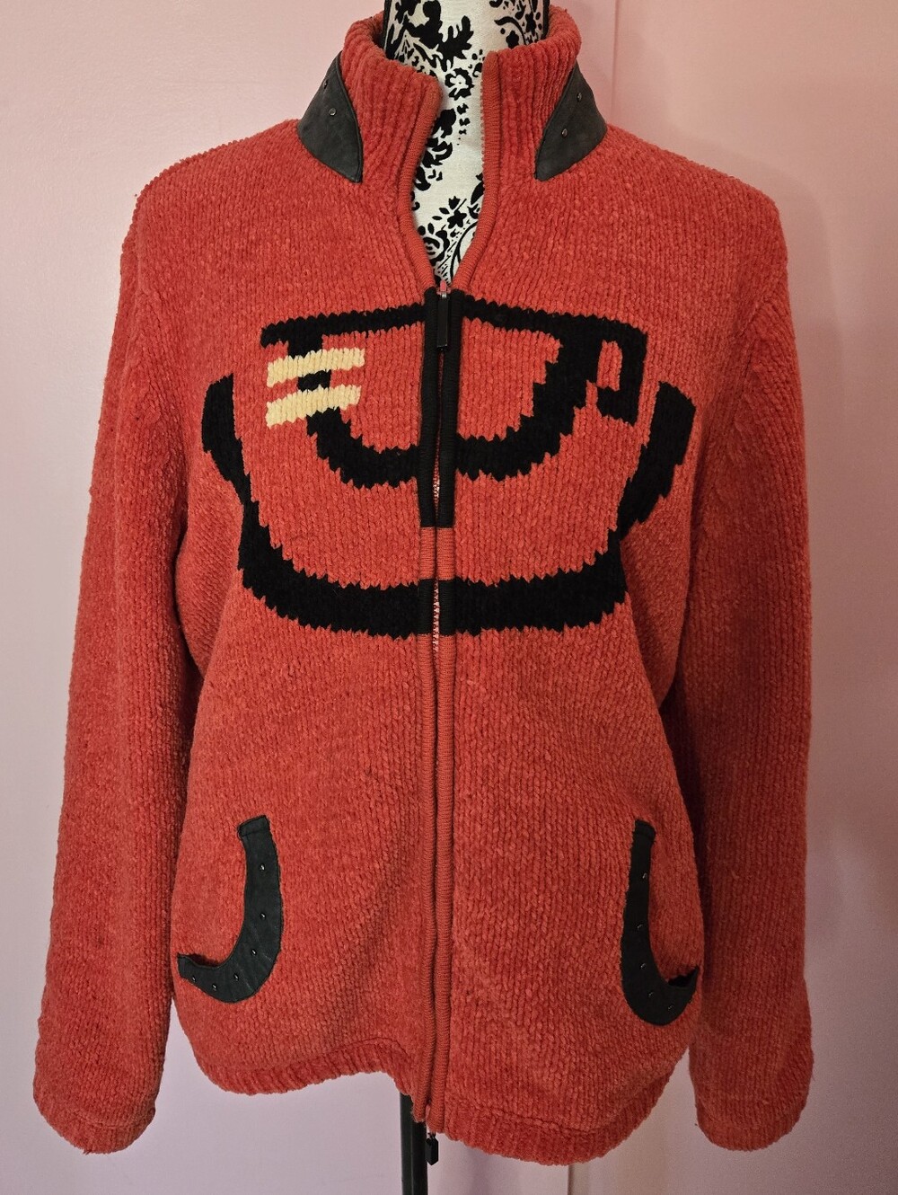Vintage Y2K Chenille Sweater Jacket with Leather Accent